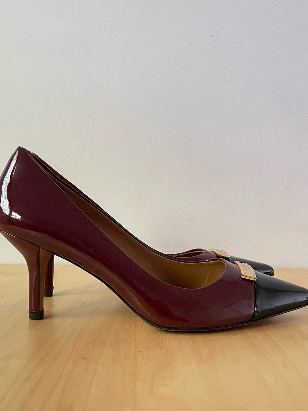 Coach Bowery Two-Tone Patent Leather Pointed Toe Pumps | US 9B